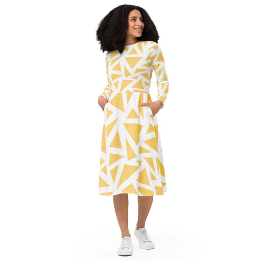 Yellow Daze All-over print long sleeve midi dress